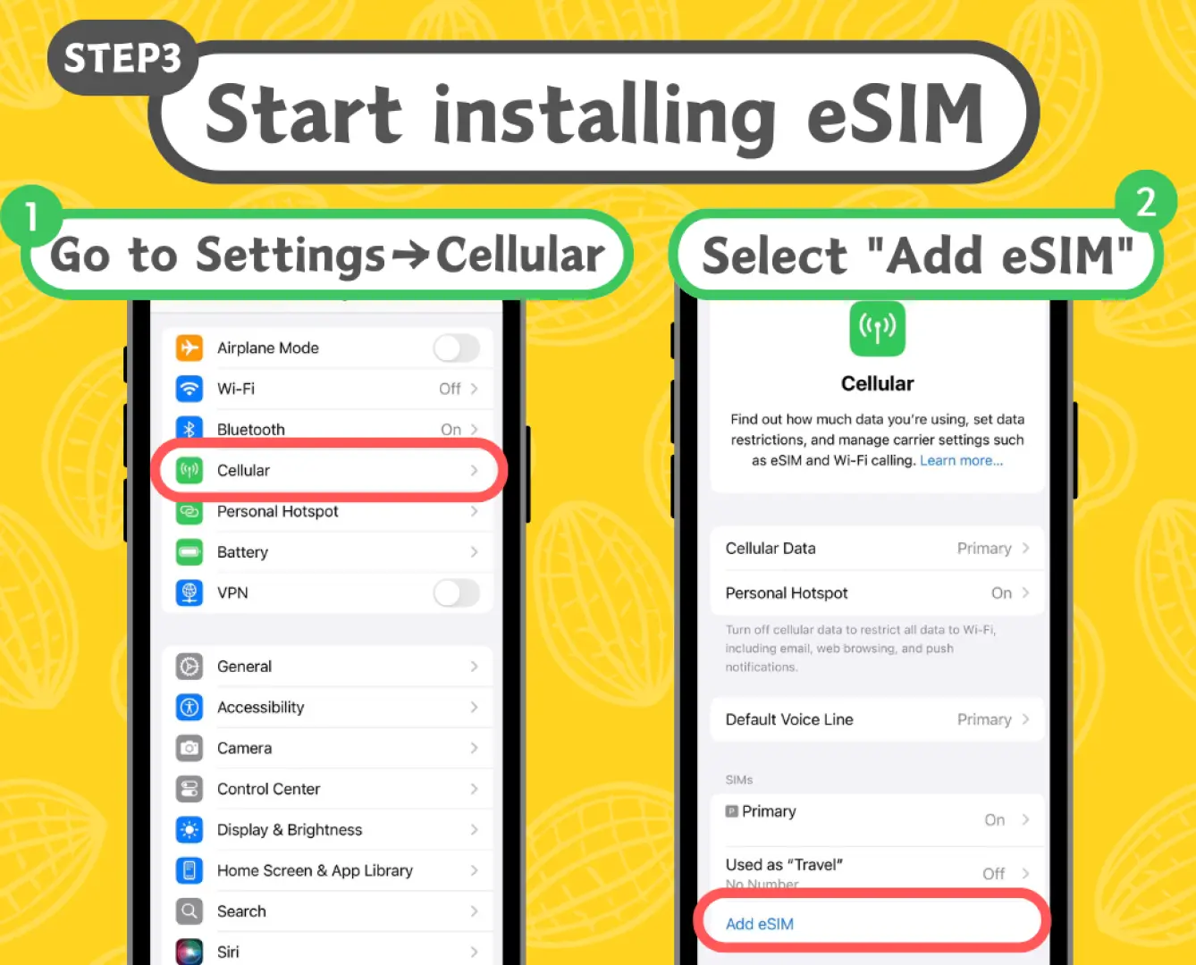 Japan eSIM English setup guide, step 3, showing iPhone navigating 'Settings -> Cellular' and tapping 'Add eSIM' to start installing the Softbank Japan internet card.