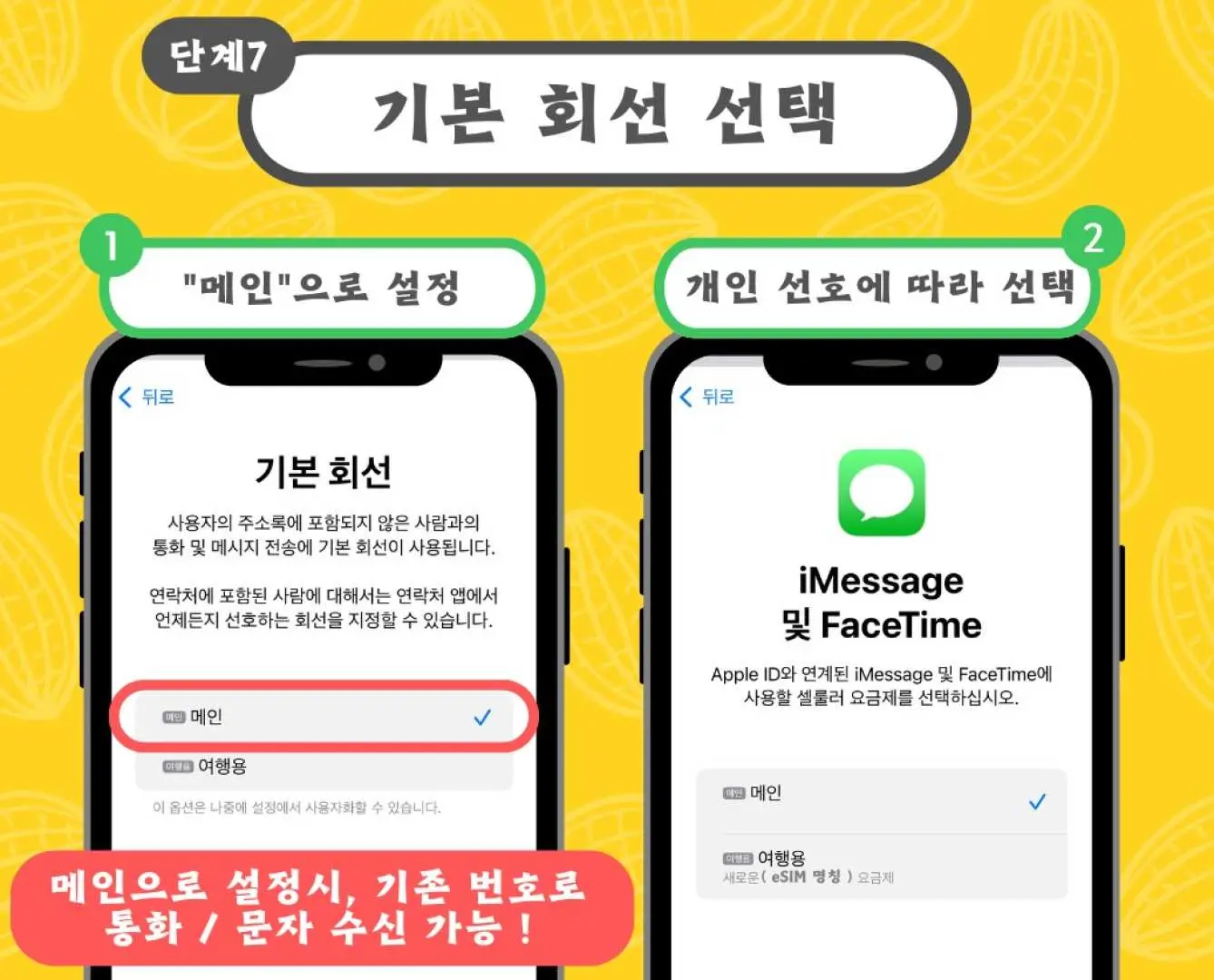 중국 eSIM 설치 6단계 화면. eSIM의 이름을 '여행용'으로 선택하거나 사용자 지정 레이블을 만드는 방법을 안내하는 한국어 지침입니다.