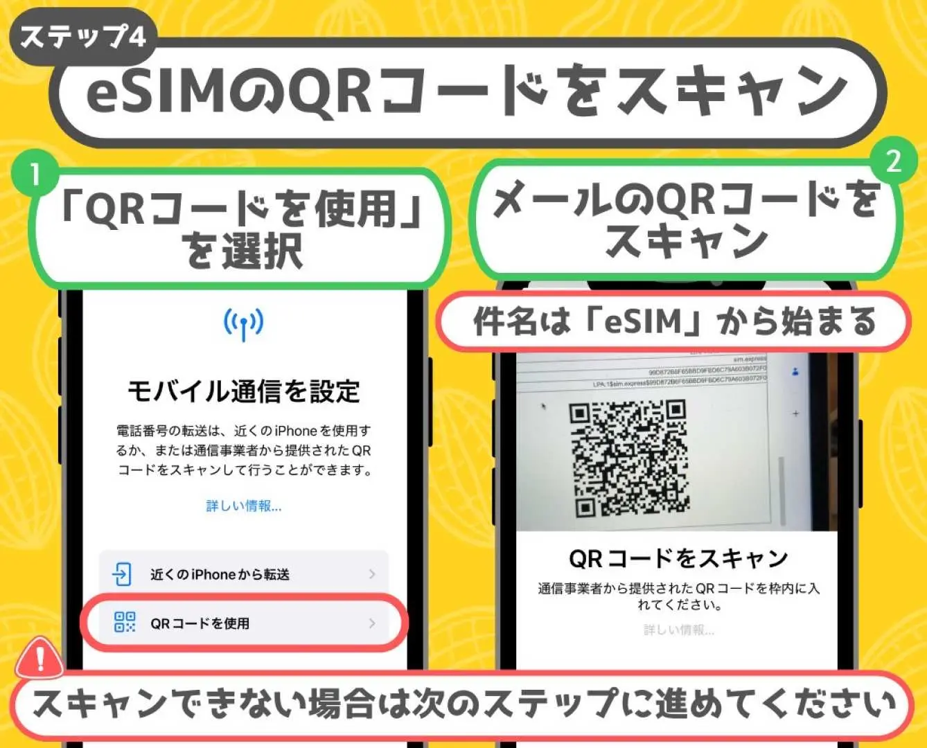 eSIMインストールガイドステップ4、日本語の画面で「eSIMのQRコードをスキャン」が表示されています。ユーザーが「QRコードを使用」オプションを選択し、ヨーロッパeSIMをスキャンして無制限データプランを迅速にアクティブにする方法をガイドします。