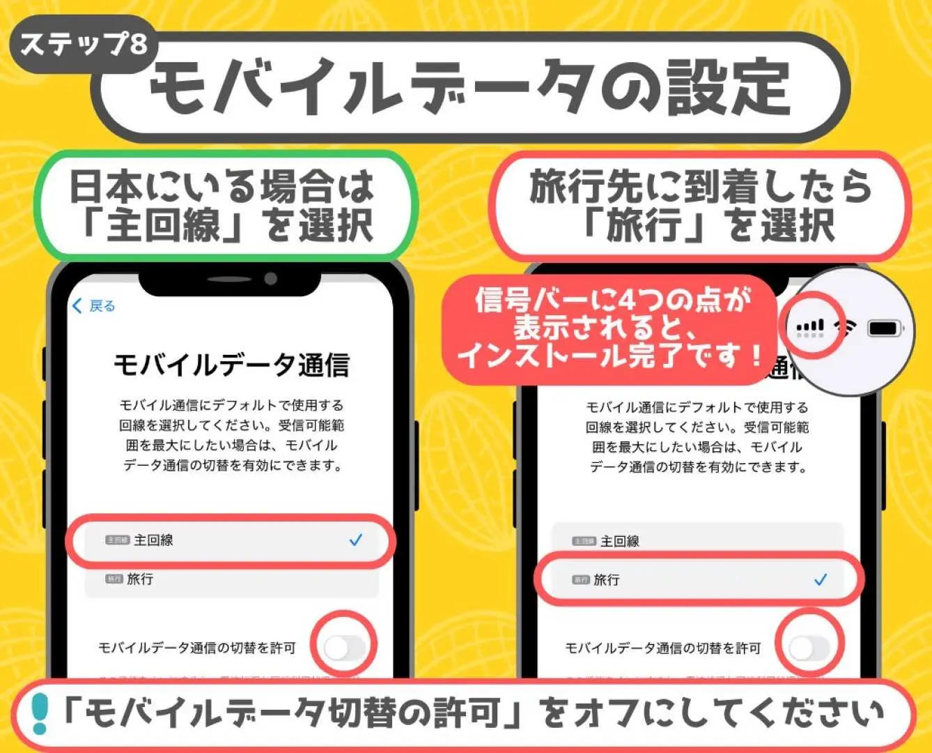 eSIM設定ステップ8：日本滞在時は「主回線」、渡航先到着時は「旅行」を選択するモバイルデータ通信設定の日本語図解です。