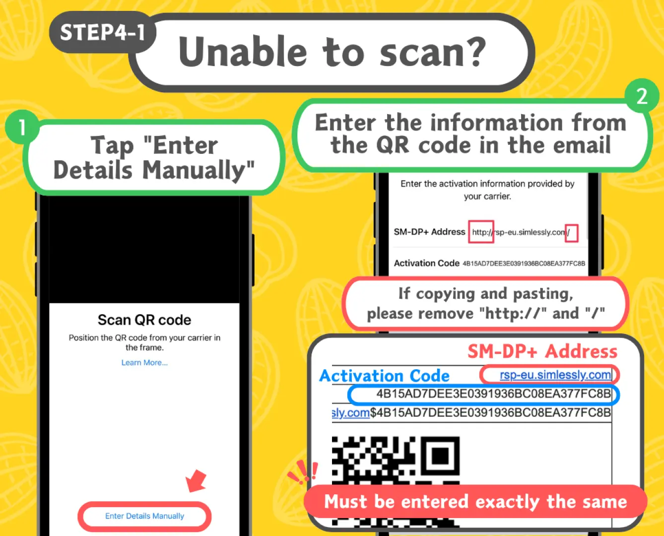 eSIM setup Step 4-1, English infographic: Demonstrates how to manually enter eSIM activation code and SM-DP+ Address by selecting 'Enter Details Manually' if QR code scanning fails, ensuring successful activation of Hong Kong Macau eSIM.