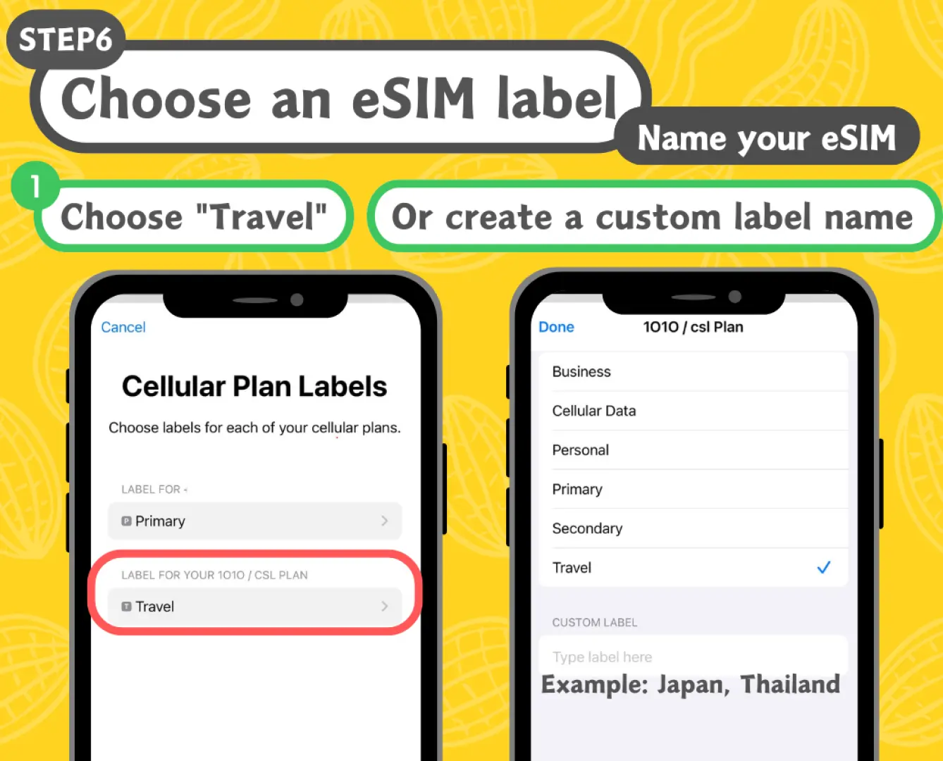 eSIM setup Step 6, English infographic: Illustrates how to choose an eSIM label, recommending 'Travel' or a custom name for users to easily identify the purpose of different Hong Kong Macau eSIMs.