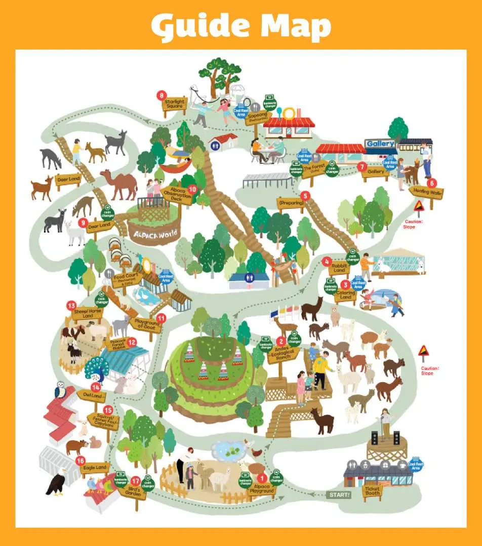 A detailed guide map of Alpaca World, showing various interactive zones, performance areas, and animal habitats for visitors to plan their exploration.