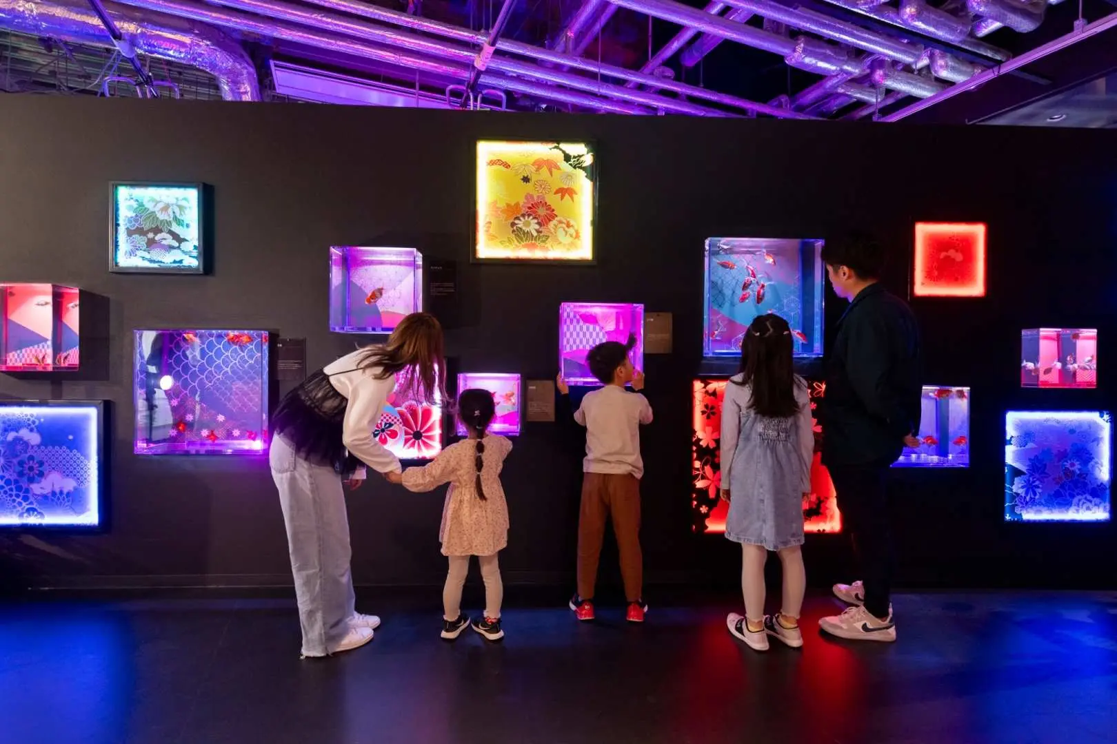 A family viewing illuminated square aquariums embedded in a wall at Okinawa Goldfish Museum, showcasing various goldfish and artistic arrangements.