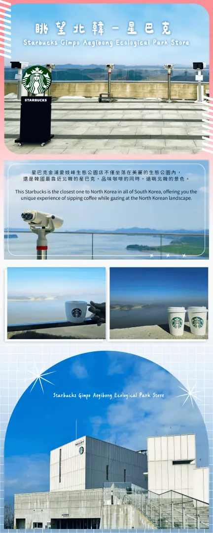 爱妓峰星巴克的特色信息图，突显其在朝鲜边境的独特位置，可边品尝咖啡边远眺对岸景色。