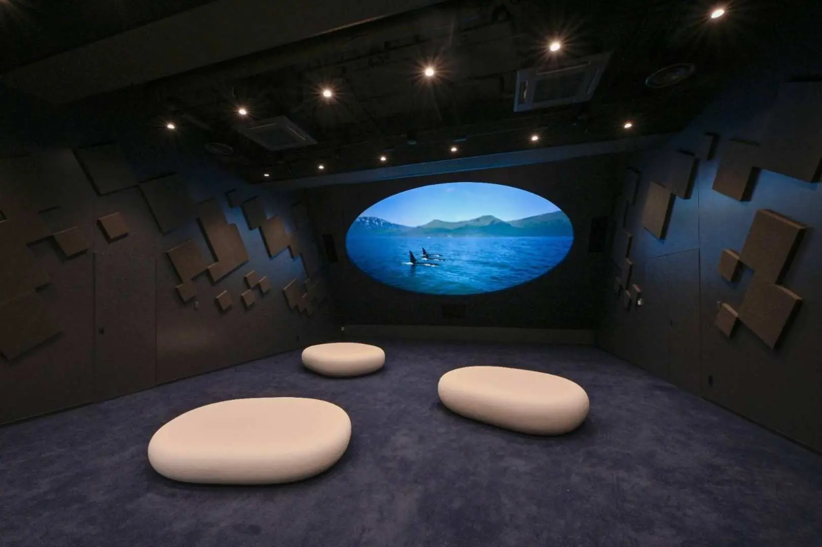神戶須磨海洋世界內的沉浸式數位展示空間，訪客可在舒適座椅上，觀賞牆上橢圓螢幕播放的虛擬海洋世界，結合新科技。