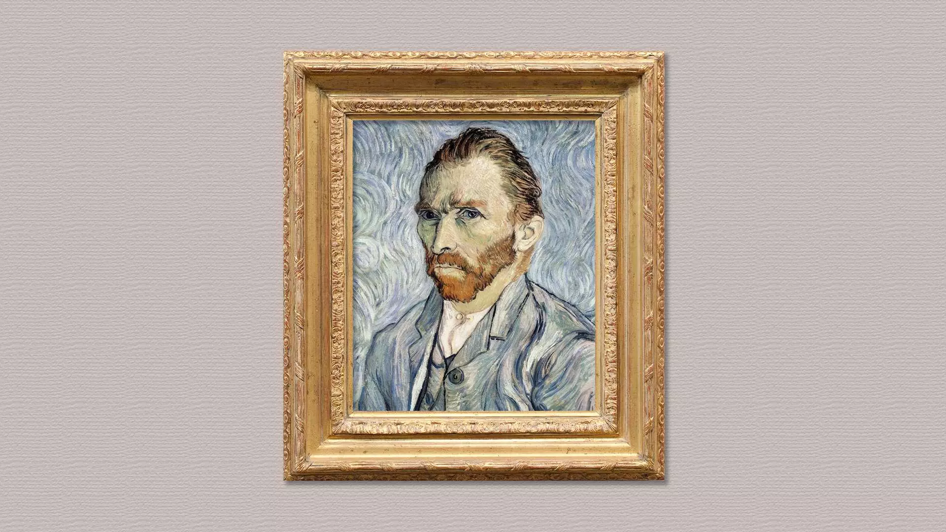 梵谷博物館收藏的《戴灰色氈帽的自畫像》特寫，畫中梵谷凝視前方，眼神深邃，展現其獨特藝術家風采。