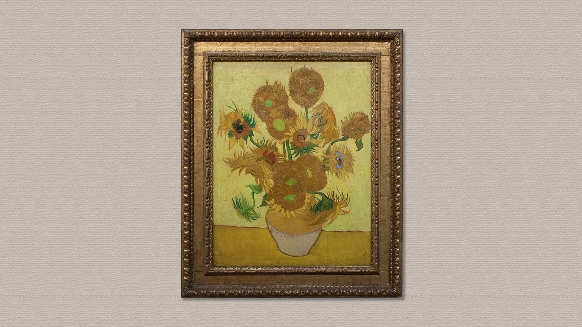 梵谷博物館內，經典名作《花瓶裡的十五朵向日葵》展示，生動描繪多朵盛開向日葵，色彩絢爛奪目，吸引無數藝術愛好者。