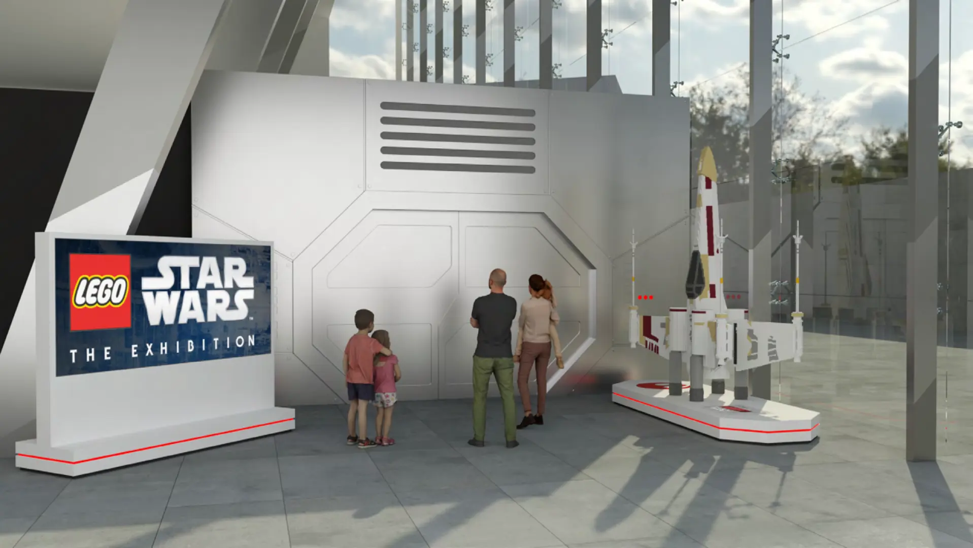 Concept art of the LEGO Star Wars Exhibition entrance at Melbourne Museum, showing a family observing a massive LEGO X-wing fighter model, inviting visitors into the immersive experience.