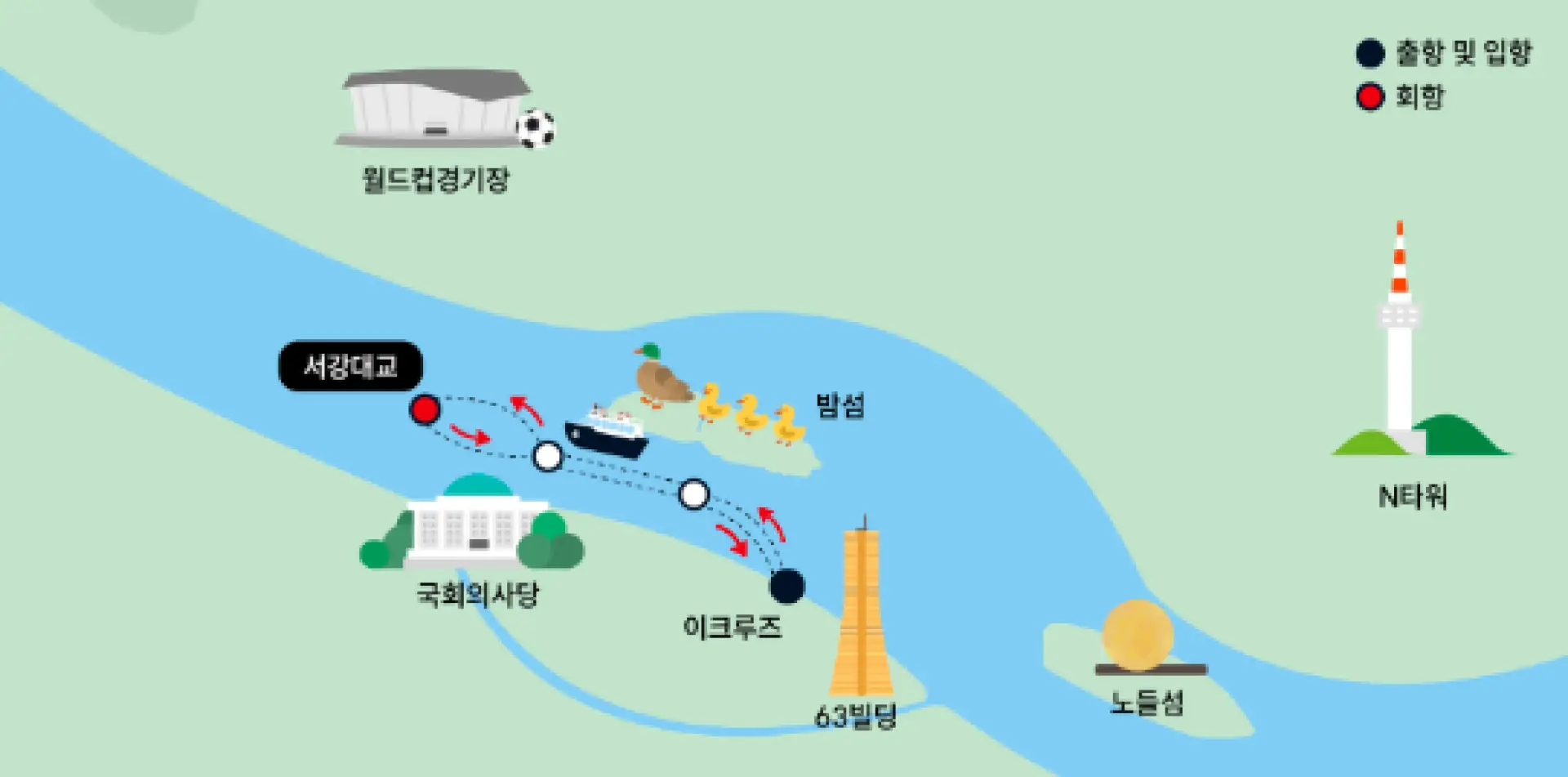Route map for Seoul Eland Han River Sunset Dinner Cruise, passing iconic landmarks like the 63 Building and N Seoul Tower.