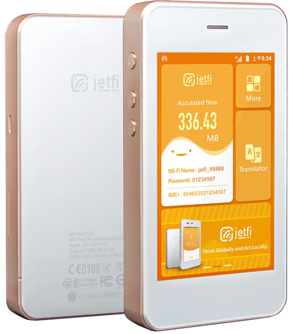 兩台白色玫瑰金Jetfi Wi-Fi分享器特寫，螢幕顯示累積流量、Wi-Fi名稱和密碼，展現輕巧便攜、操作簡單的特性。