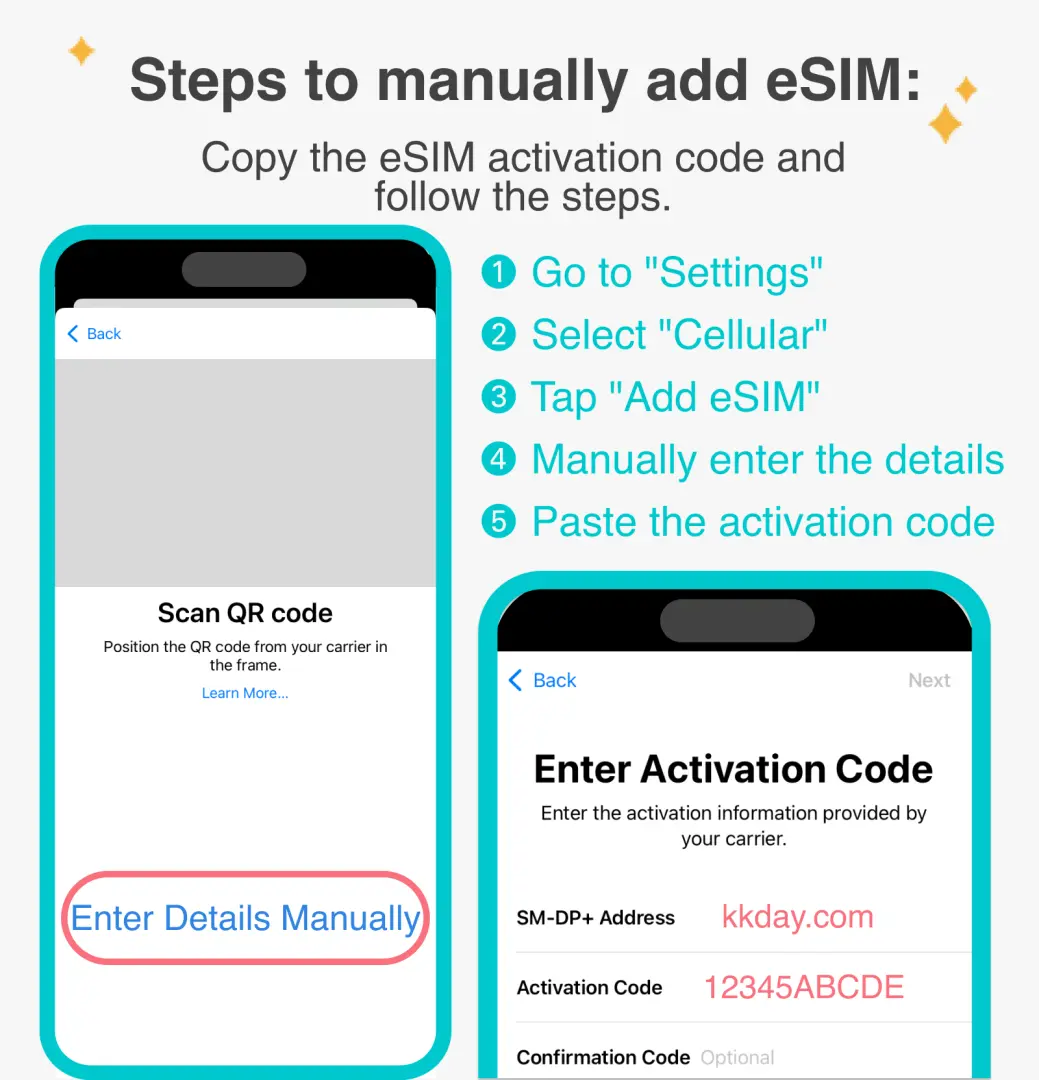 Detailed illustration of Commbitz eSIM manual installation steps, including navigating phone settings and entering the activation code, ensuring seamless connectivity in Malaysia.