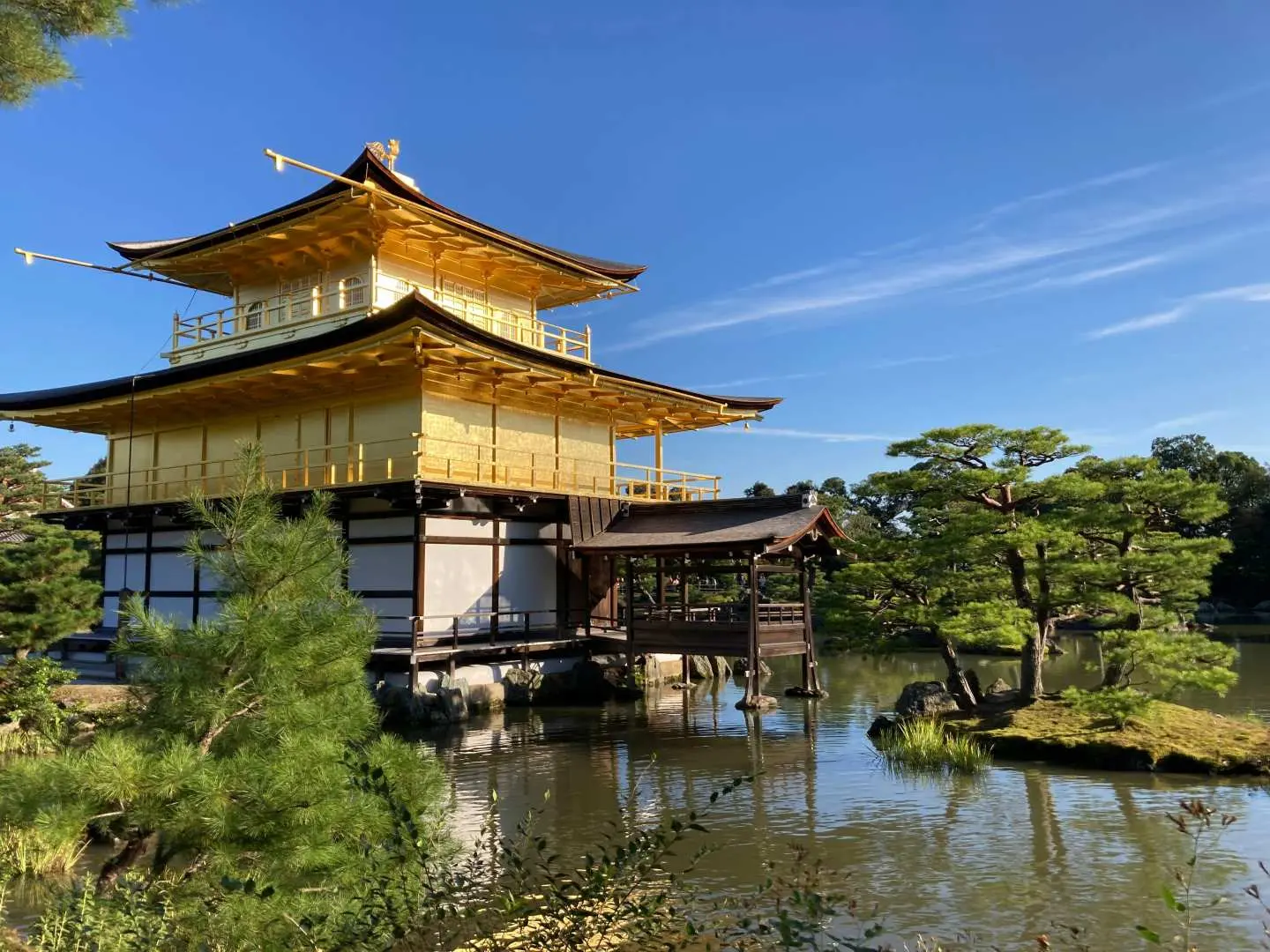 金閣寺在陽光下閃耀著金光，倒映在鏡湖池中，周圍綠意盎然的庭園襯托出這座世界遺產的莊嚴與美麗。