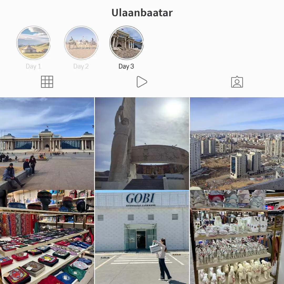 An Instagram-style collage highlighting Ulaanbaatar city tour attractions, including Sukhbaatar Square, the majestic Genghis Khan statue, and vibrant scenes of cashmere shopping in Mongolia's capital.