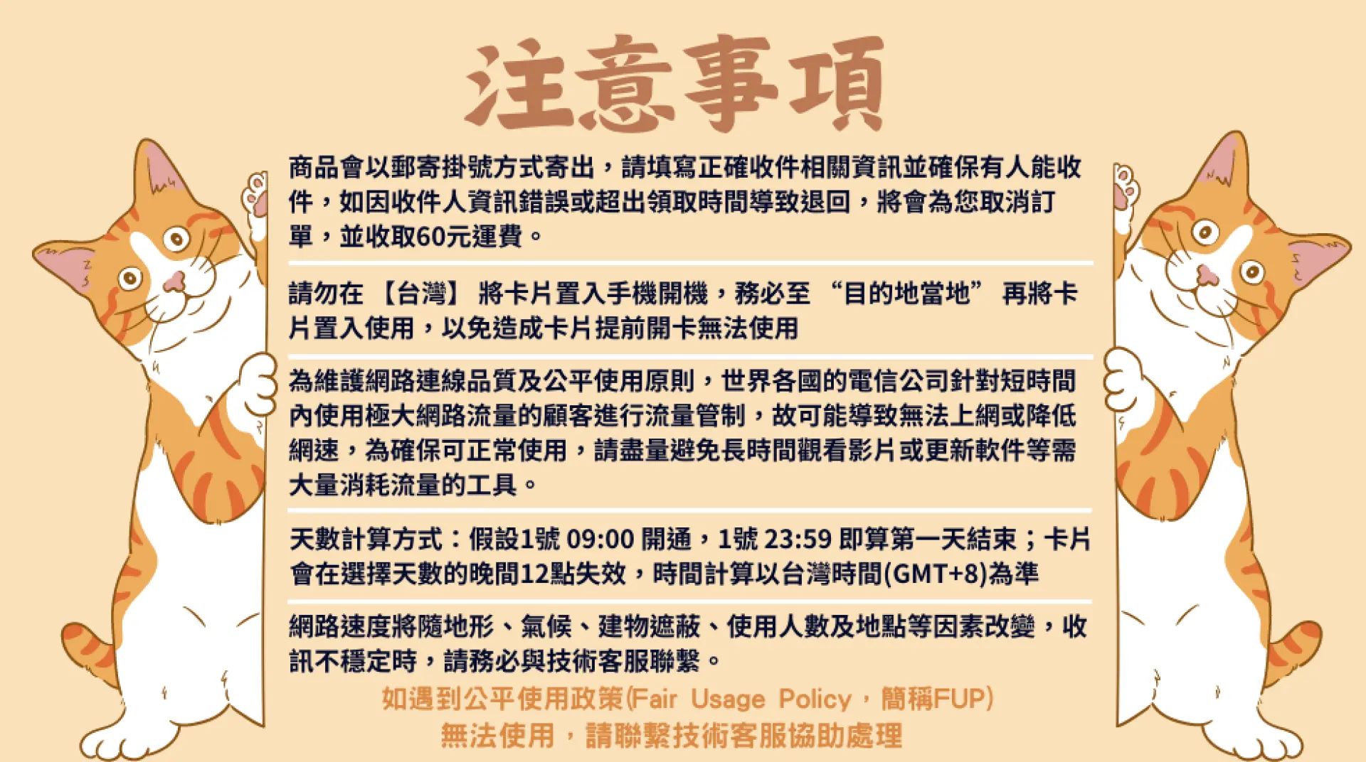 港澳網卡「注意事項」資訊圖，兩隻卡通貓咪圍繞著文字，提示網卡寄送、啟用時機、公平使用原則與天數計算等重要資訊。