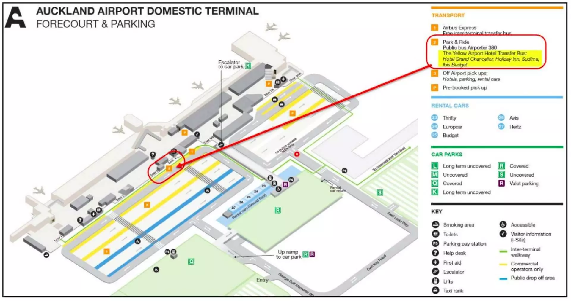 奧克蘭機場國內航廈前往搭乘接駁車地點示意圖