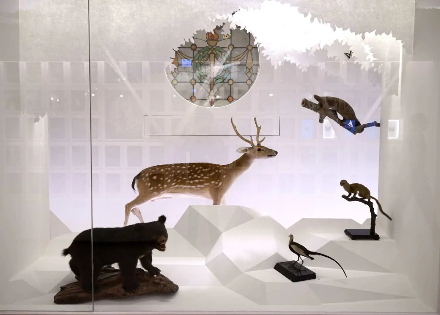 台北ミニチュア博物館で展示されている、鹿、熊、猿などのミニチュア動物模型。自然生態系の精巧なミニチュア風景を表現しています。
