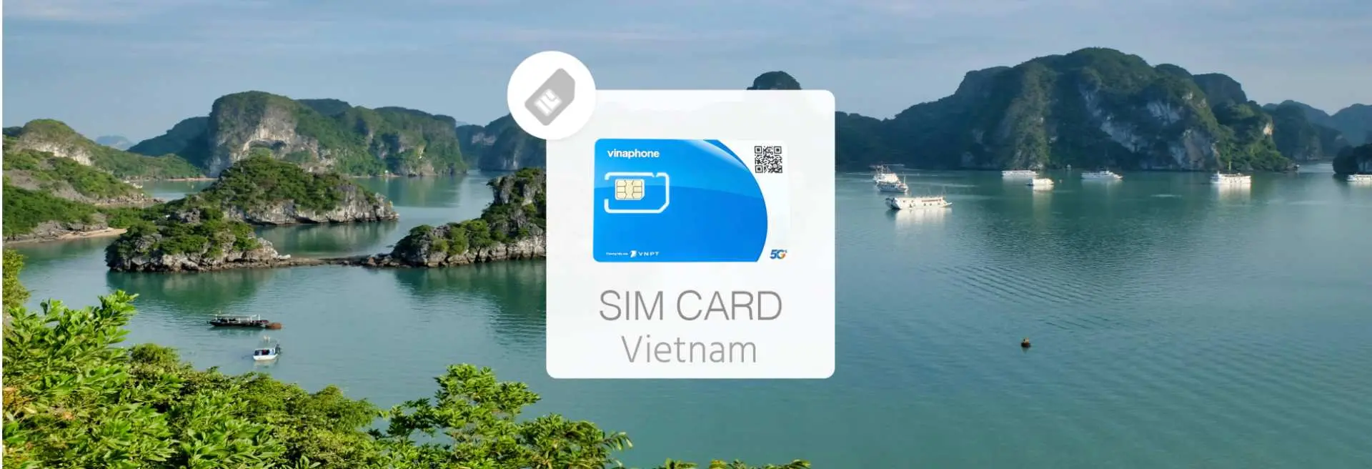 Vinaphone 4G SIM card for Vietnam, set against a scenic Vietnamese bay with lush limestone islands and boats, highlighting high-speed data and call services.