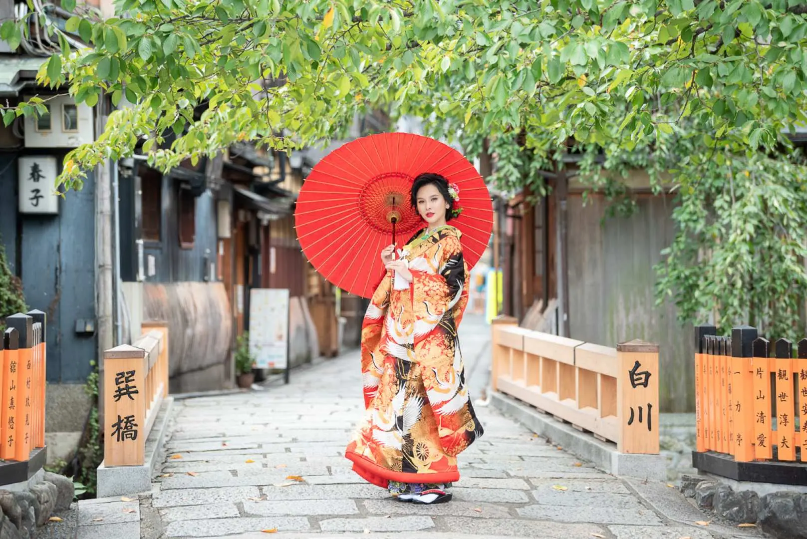 女子身著華美橘金色高級打掛和服，手持紅色日式紙傘，在京都祇園白川小橋上，由專業攝影師捕捉優雅身影。