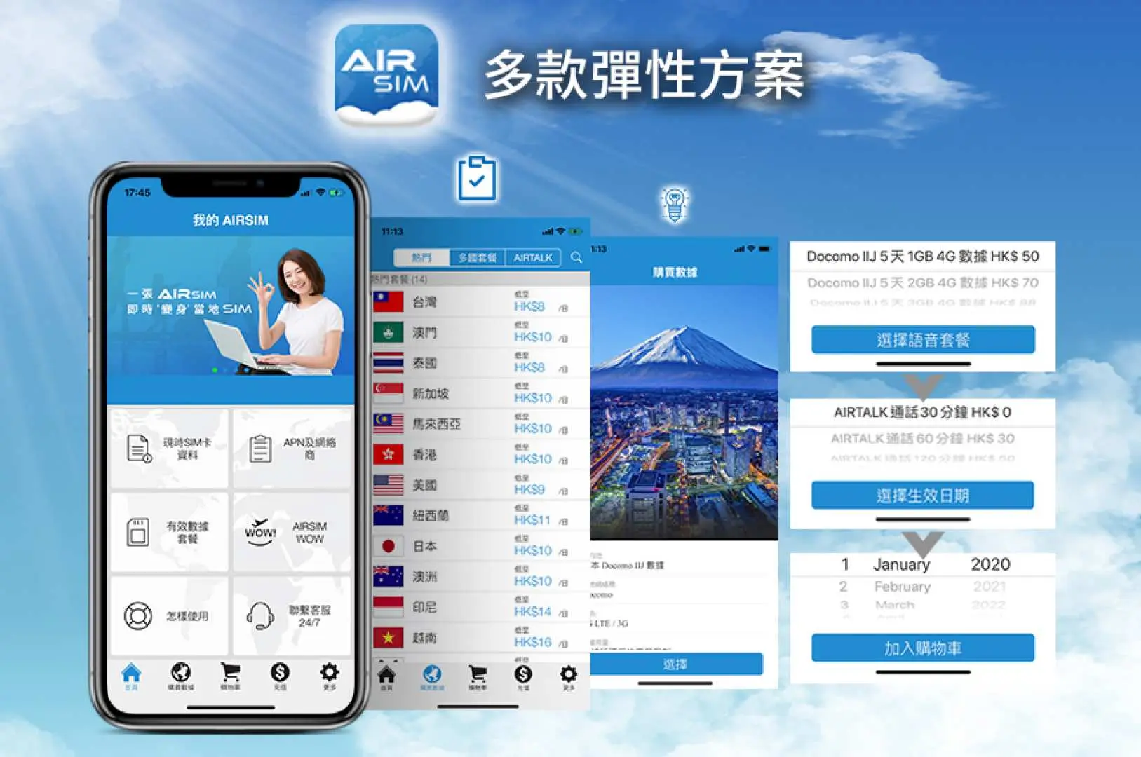 AIRSIM應用程式的多個螢幕截圖，展示用戶輕鬆選購日本4G數據方案、選擇目的地與彈性旅行日期的便捷流程。