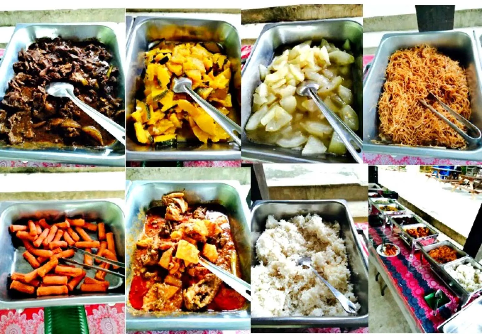 馬來西亞沙巴可可山餐廳提供的豐盛自助餐，多種道地熱食菜餚擺放在餐盤中，供遊客自由選擇。