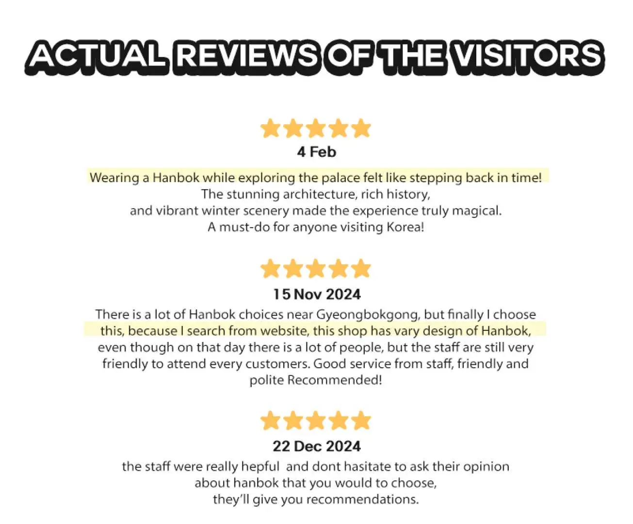 Image showing actual visitor reviews and 5-star ratings for the Hanboknam Changdeokgung store, highlighting positive experiences with Hanbok rental and photography services in Seoul.