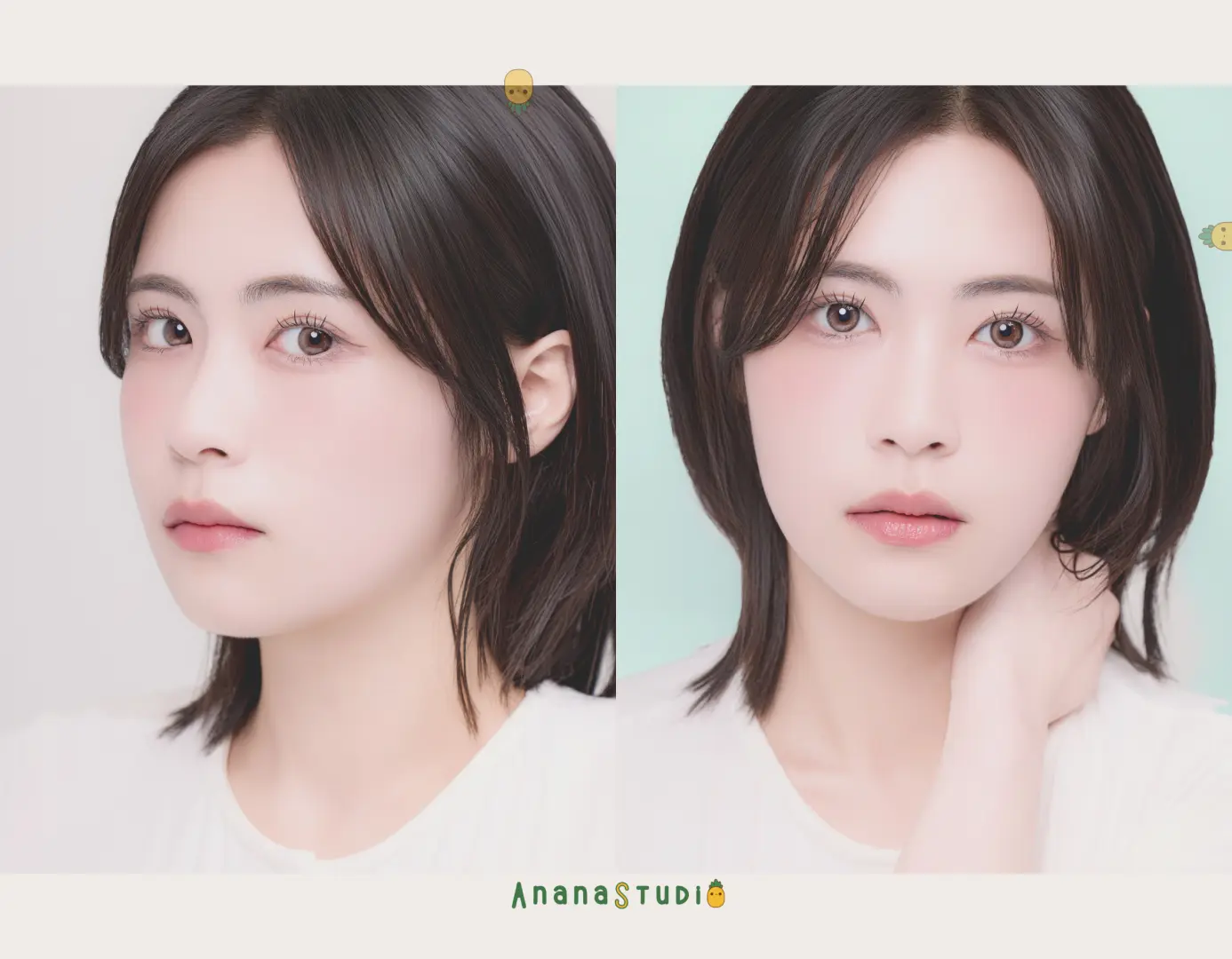 Seongsu AnanaStudio K-Style ID photo, a woman with short hair in a white T-shirt, showcasing delicate Korean makeup and perfect angles under professional photography.