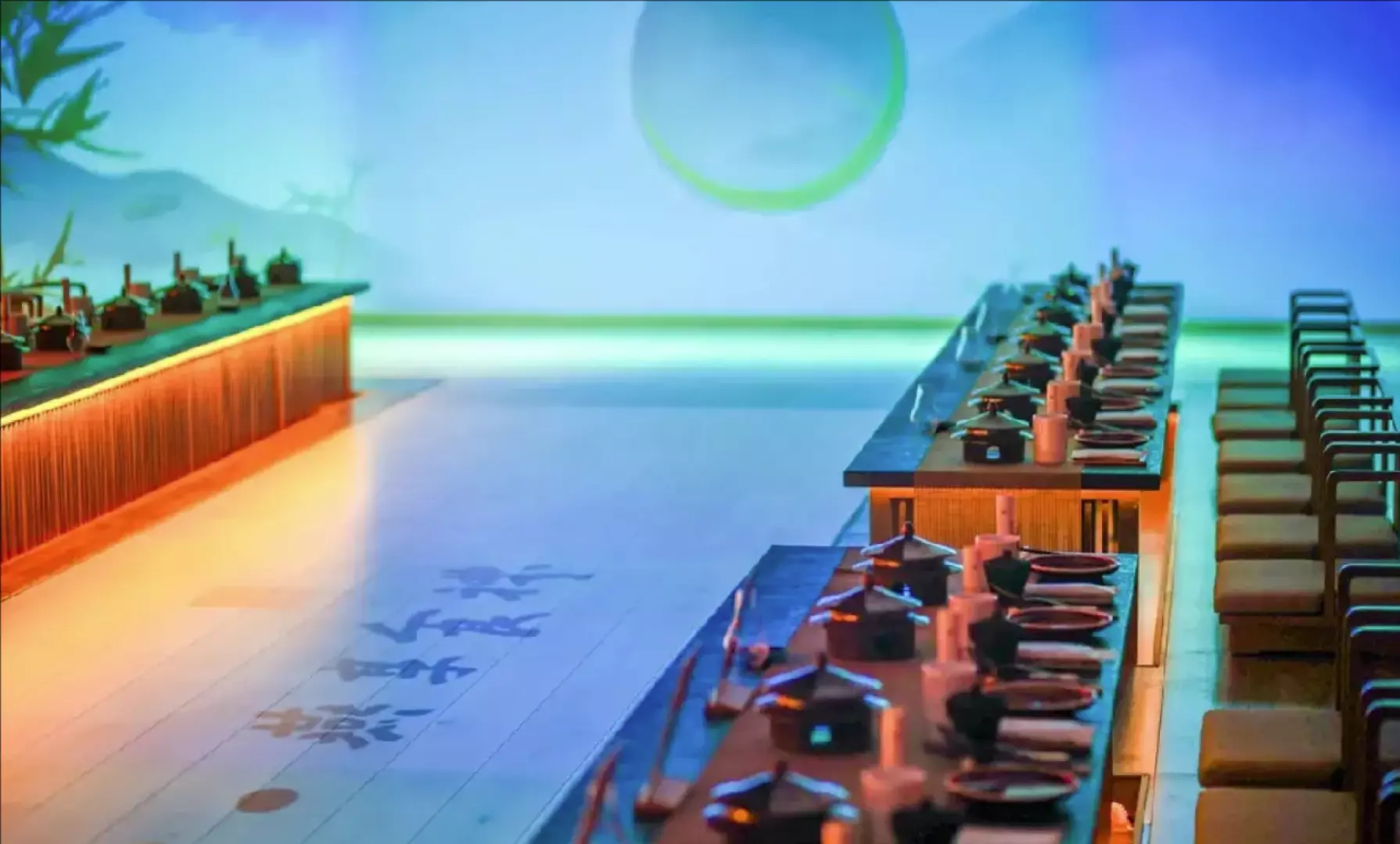 The beautifully designed interior of Beijing Palace Banquet features long tables with exquisite place settings, creating an elegant, private, and romantic palace dining ambiance.