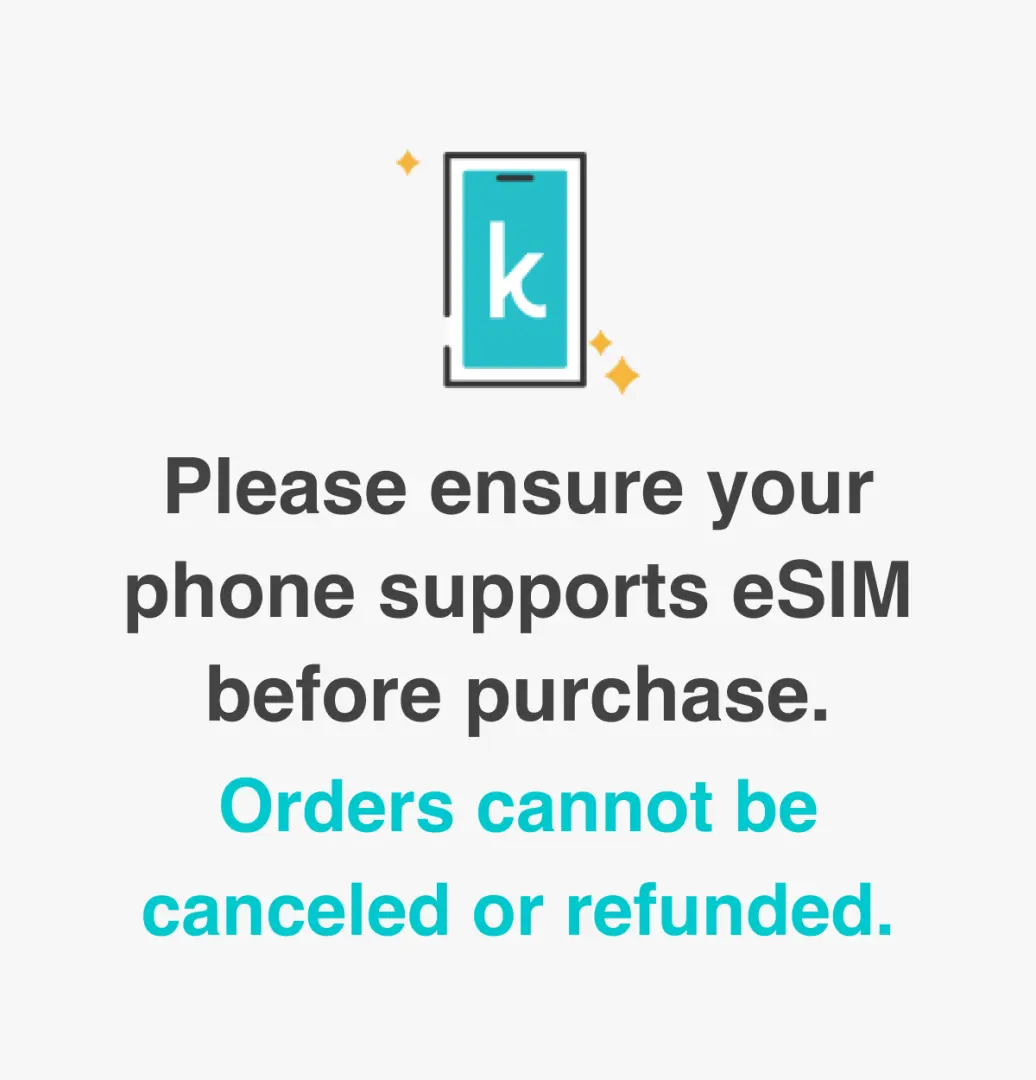 Important reminder image: emphasizing checking phone's eSIM compatibility before purchasing India eSIM, and stating that orders cannot be canceled or refunded once confirmed.