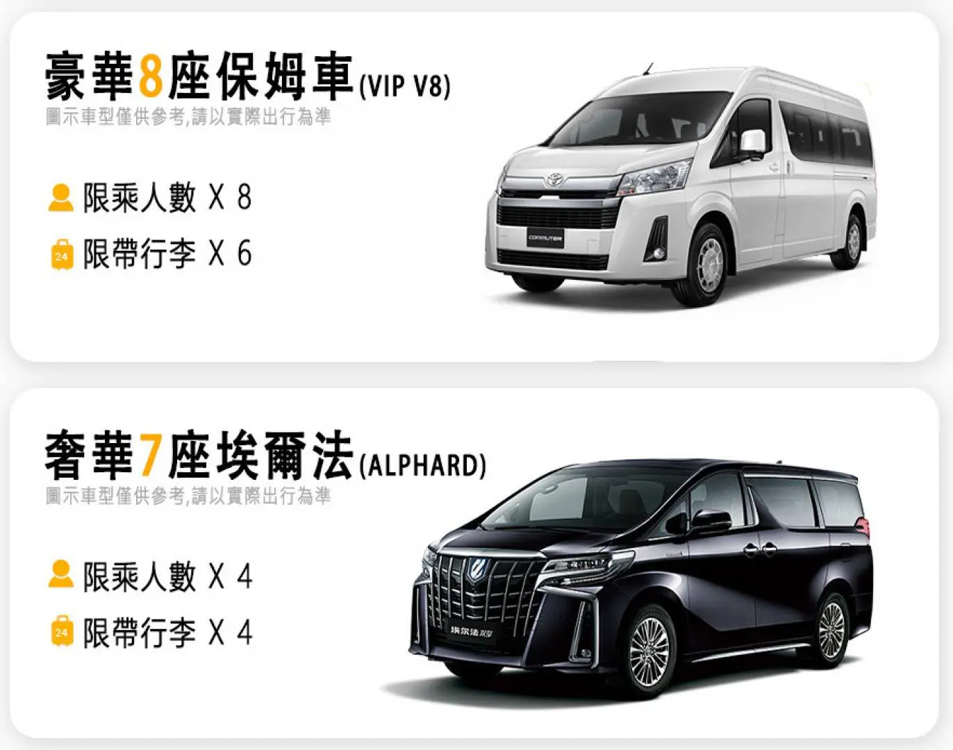 芭堤雅豪华包车车型选择图，展示豪华8座VIP保姆车和豪华7座Alphard，清楚标示各车型载客与行李容量，方便泰国旅客预订。
