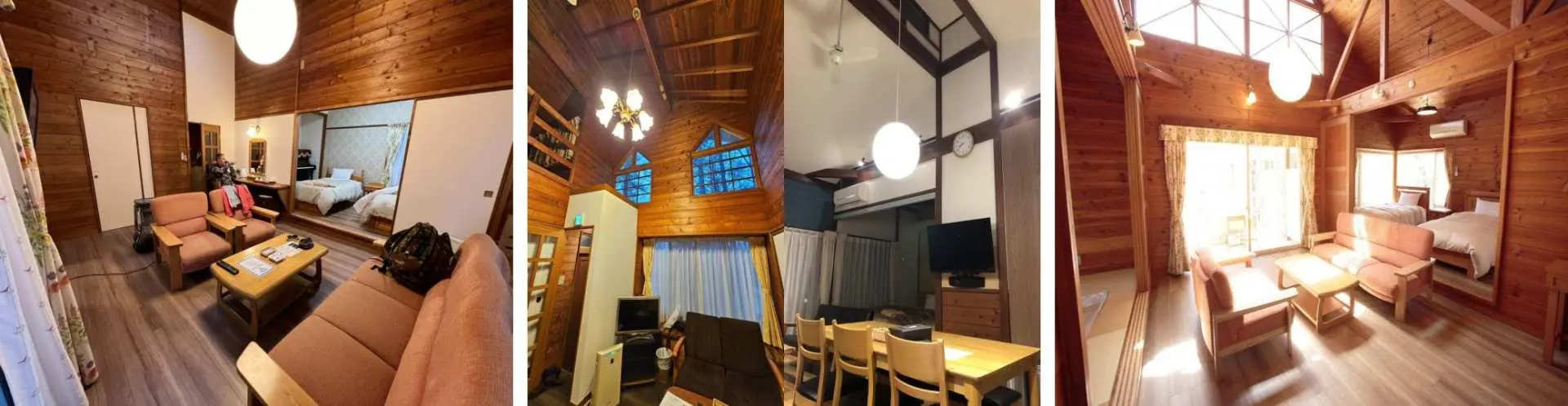 Interior of the Yatsugatake Forest Log Cabin, part of the Mount Fuji Kawaguchiko tour, showcasing spacious and bright wooden living rooms, bedrooms, and dining areas, creating a warm and comfortable holiday atmosphere.