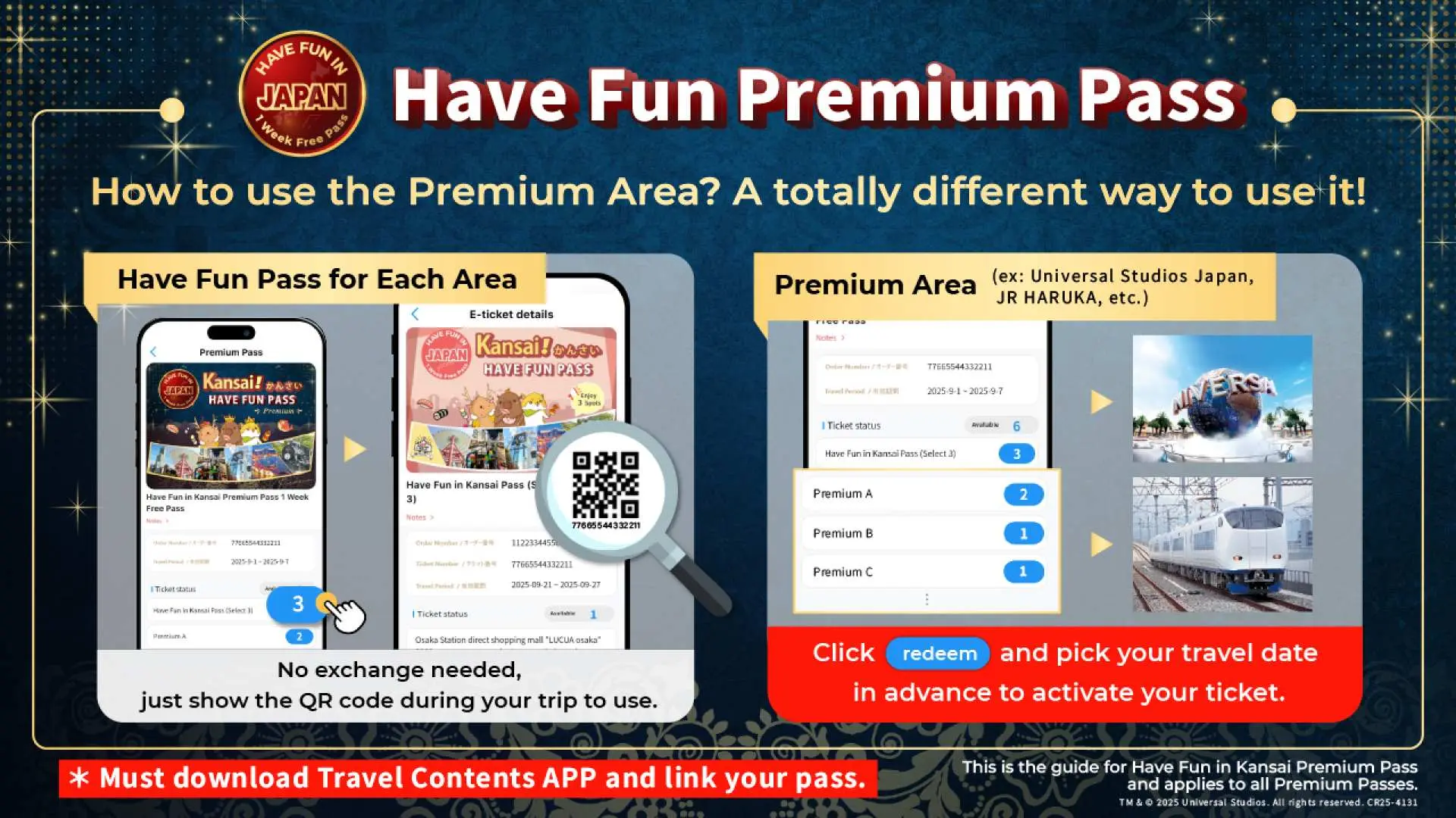Infographic comparing Kansai airport and city transport options for the Premium Kansai trip, featuring JR Haruka, Kansai Limousine Bus, INNN Premium Shuttle Bus, and Kansai Area Pass.