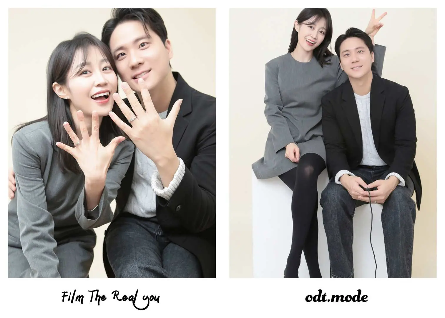 Seoul's Oddity Mode self-photo studio showcasing versatility with a happy couple displaying engagement rings and another couple posing elegantly in a modern studio.
