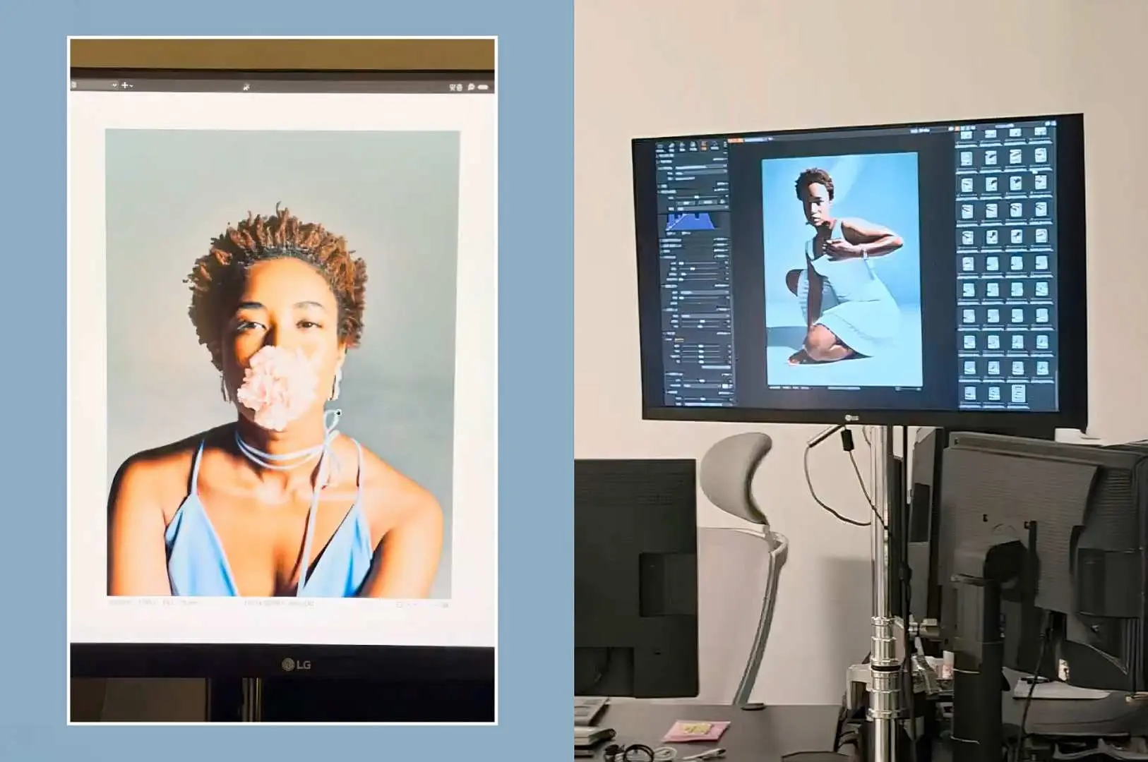 在首尔K-pop写真拍摄中，屏幕显示模特儿时尚照片的编辑过程与最终印刷成品，展现韩流明星级专业摄影成果。