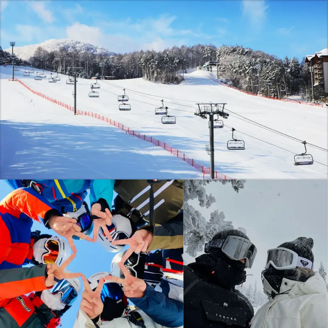 A collage showcasing the best of Yongpyong Ski Resort: expansive slopes, chairlifts, and fun interactions among friends, highlighting diverse winter enjoyment.