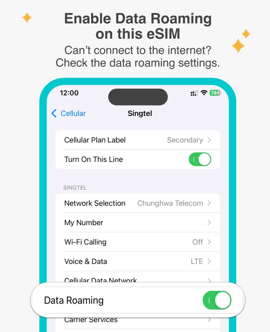 携帯電話画面でeSIMのデータローミング機能をオンにする方法を表示し、インターネット接続の問題を解決し、インドネシア旅行中のスムーズなネットワーク接続を保証します。