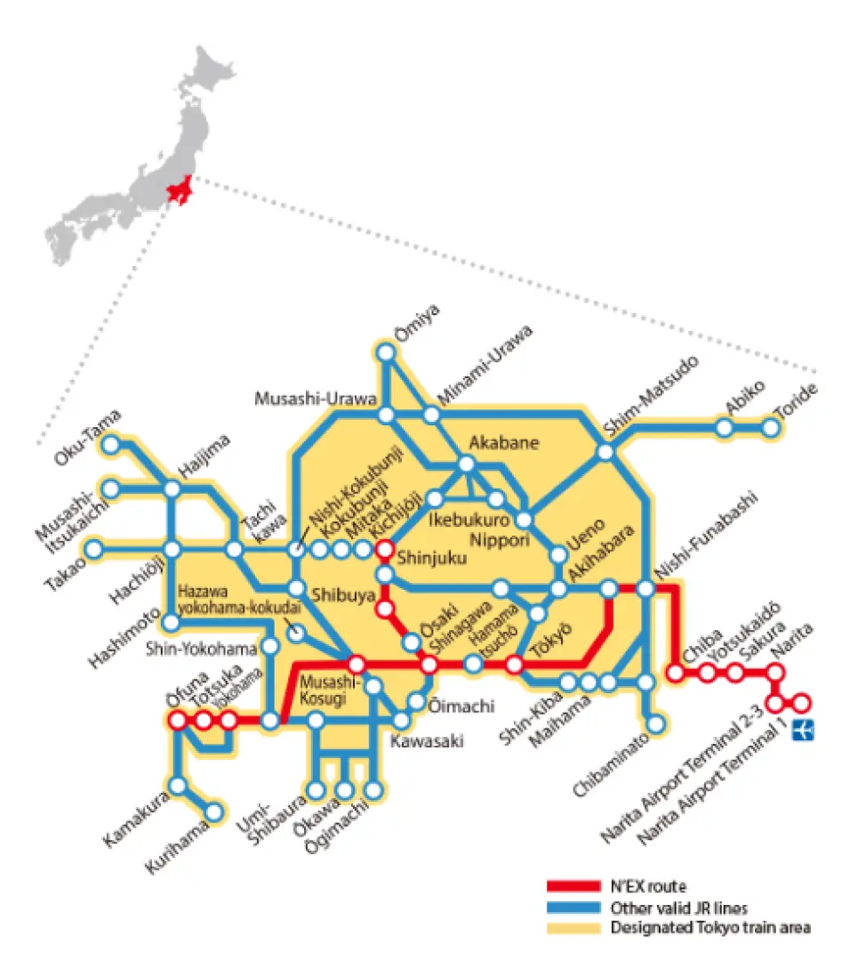 日本關東地區的N'EX成田特快路線圖，清晰標示從成田機場通往東京、新宿、橫濱等主要目的地的便捷交通網絡。