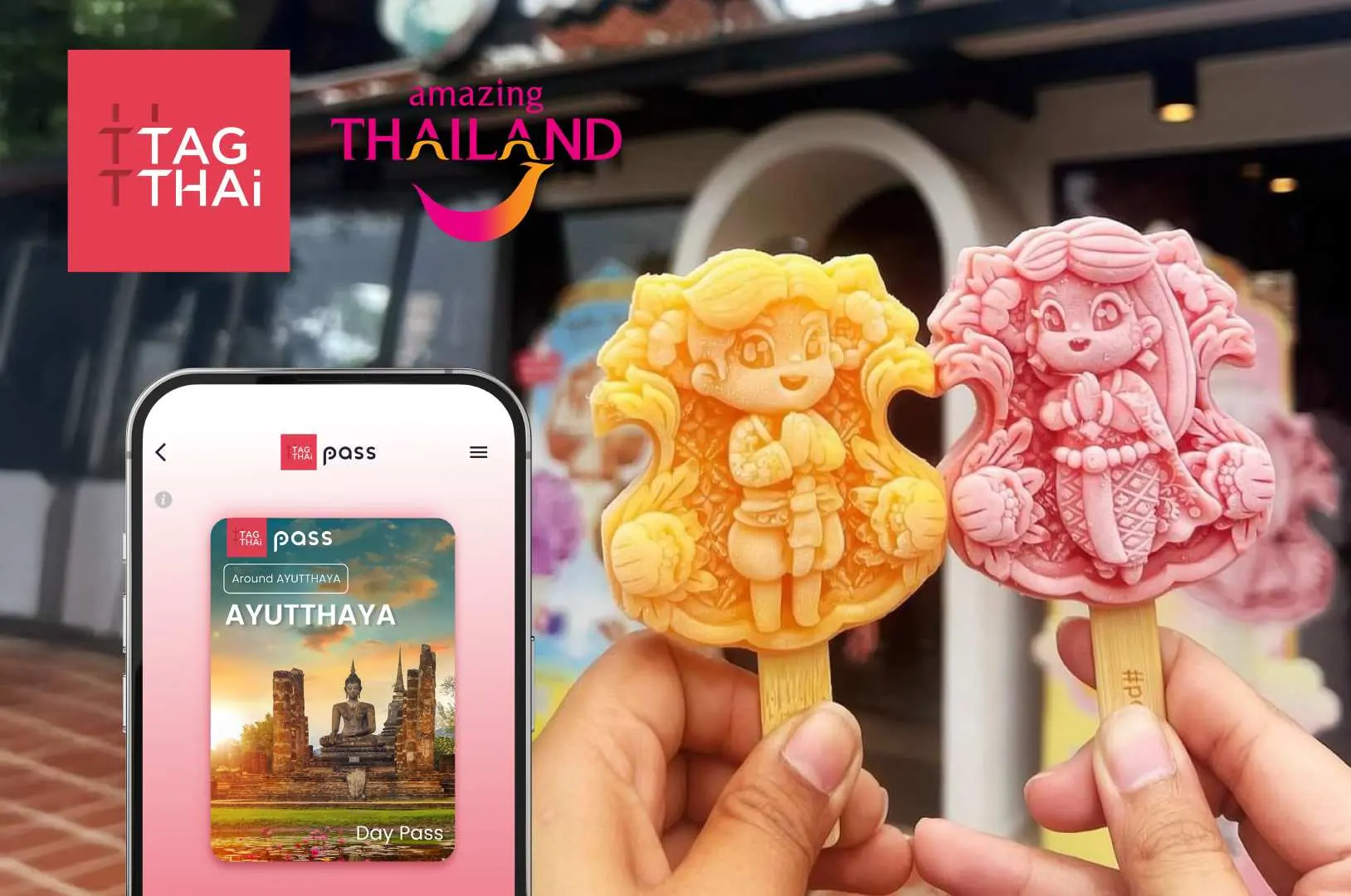 Two hands holding unique Ayutthaya temple-shaped popsicles with the TAGTHAi pass mobile app in the background, promoting the flexible Ayutthaya Day Pass in Thailand.