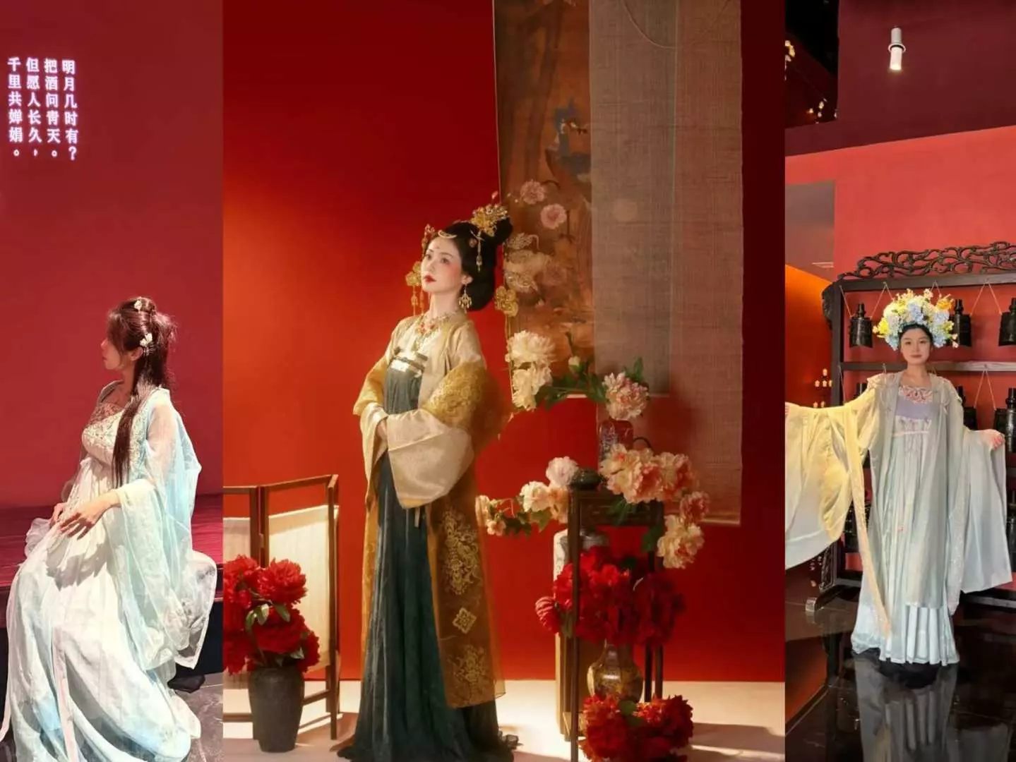 青島蘭齊宴賦的復刻古畫服飾展示，模特兒身著精美古代華服，於宮廷式場景中呈現不同朝代服飾之美，提升沉浸感。
