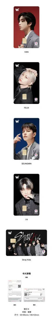 Stray Kids 聯名 WOWPASS 卡的 HAN、Felix、昇玟、I.N. 個人卡與團體卡，提供在韓消費和交通的便利性，附客服資訊。