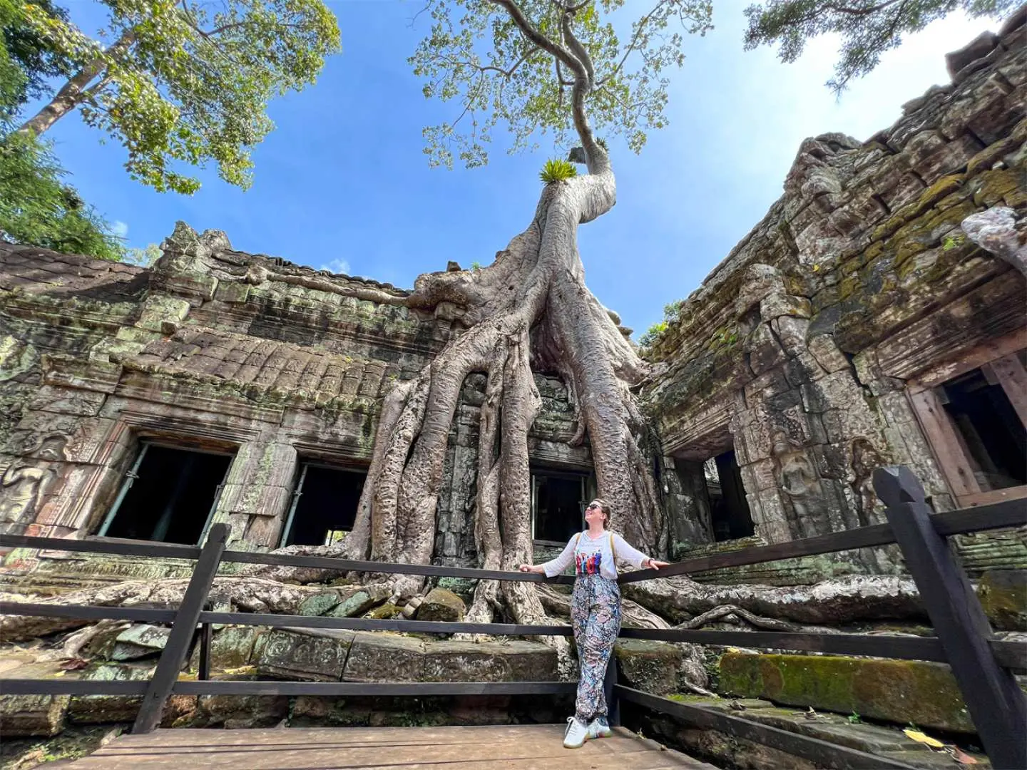 A traveler poses on a wooden walkway, captivated by the majestic ancient roots intertwining with the stone walls of Ta Prohm temple in Cambodia.