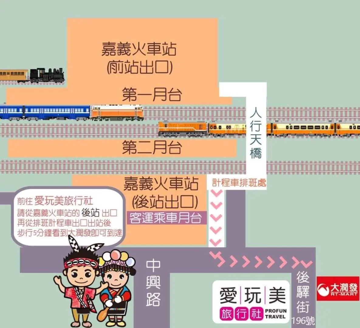 嘉義火車站集合地圖，明確標示愛玩美旅行社接駁點與出口資訊，確保旅客輕鬆找到前往阿里山二日遊的會合地點。