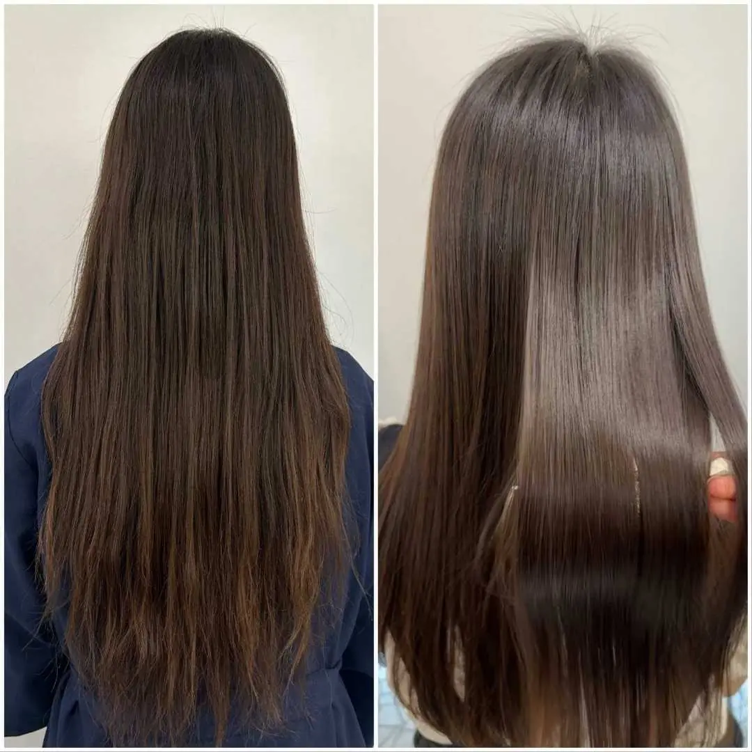 JUNO HAIR美发前后对比图，左侧为毛躁长发，右侧则显示经过护理后变得光滑、直顺且富有光泽的健康发质。