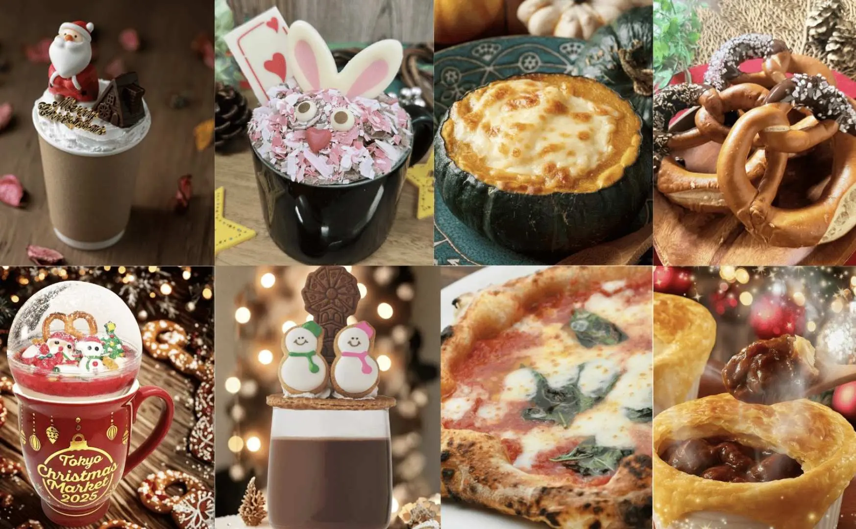 A delightful collage of diverse Christmas market foods and drinks, including festive lattes, desserts, savory gratin, pretzels, hot chocolate, and pizza, available at Tokyo's Shiba Park Christmas Market.