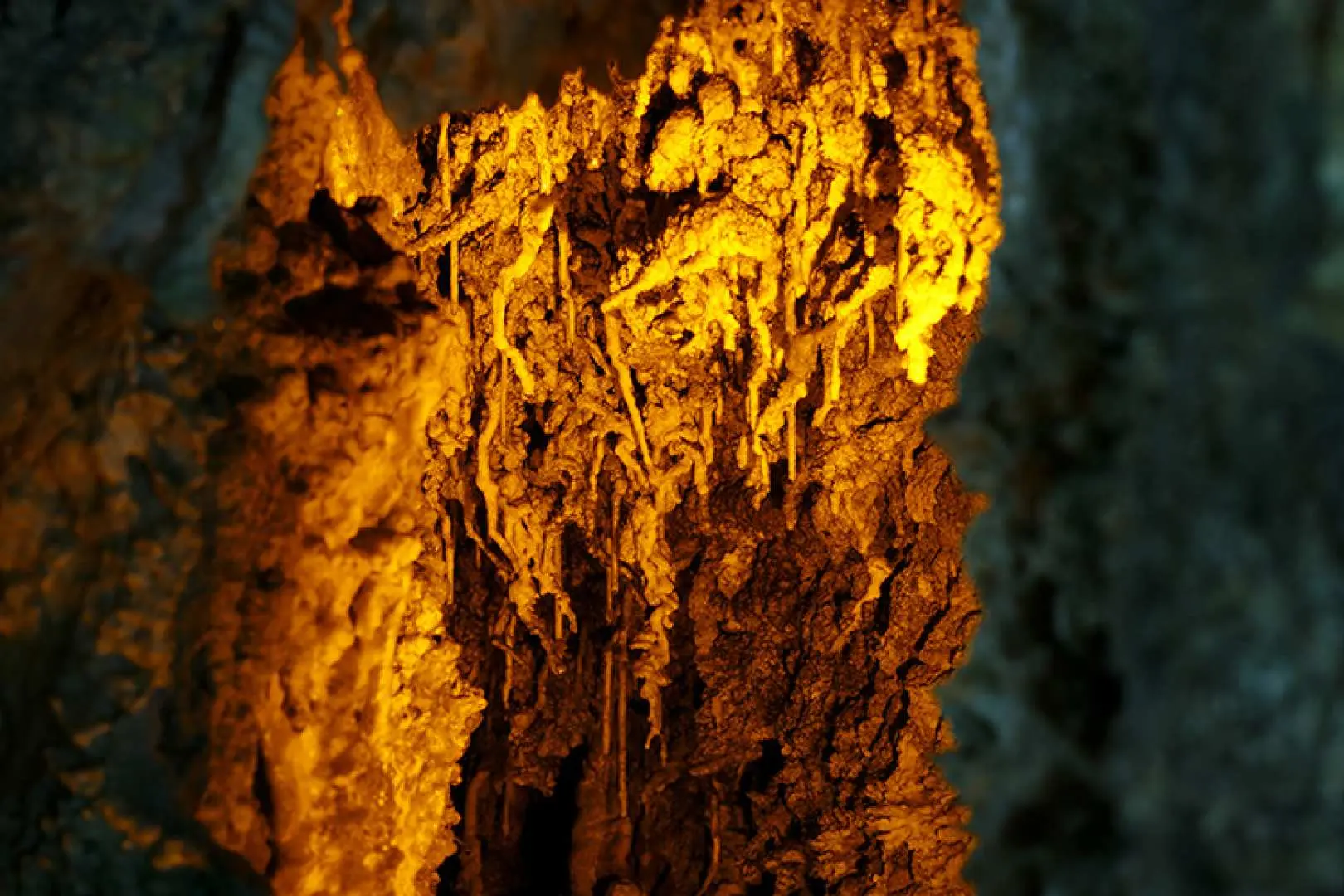 Close-up of Hida Great Limestone Cave stalactites, warm golden light highlighting rock textures and colors, revealing nature's exquisite underground sculptures.