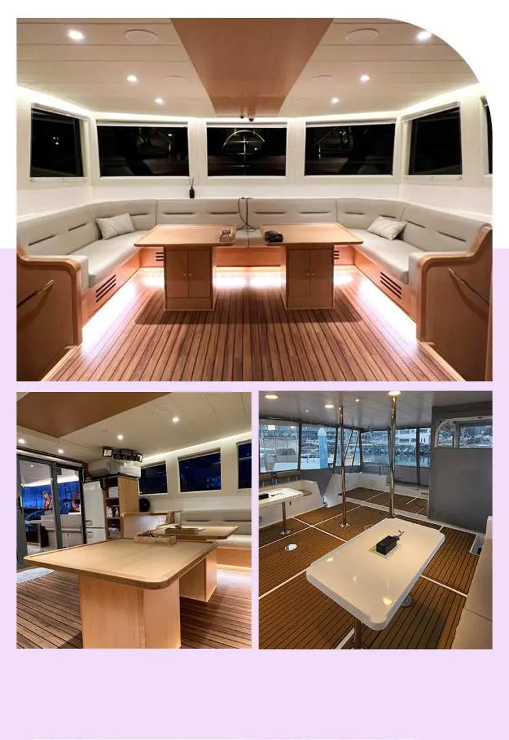 요트다(Yachtda) 럭셔리 요트의 다양한 내부 공간 콜라주. 편안한 메인 라운지와 추가 식탁 공간을 보여주며, 다채로운 휴식 선택지를 제공합니다.