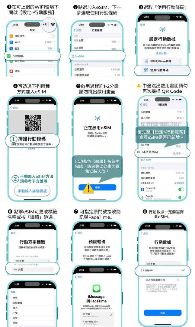 Traditional Chinese iPhone screenshots providing a comprehensive step-by-step guide on how to install and activate a Spain eSIM on iOS devices, facilitating easy mobile data setup for Traditional Chinese speaking travelers.