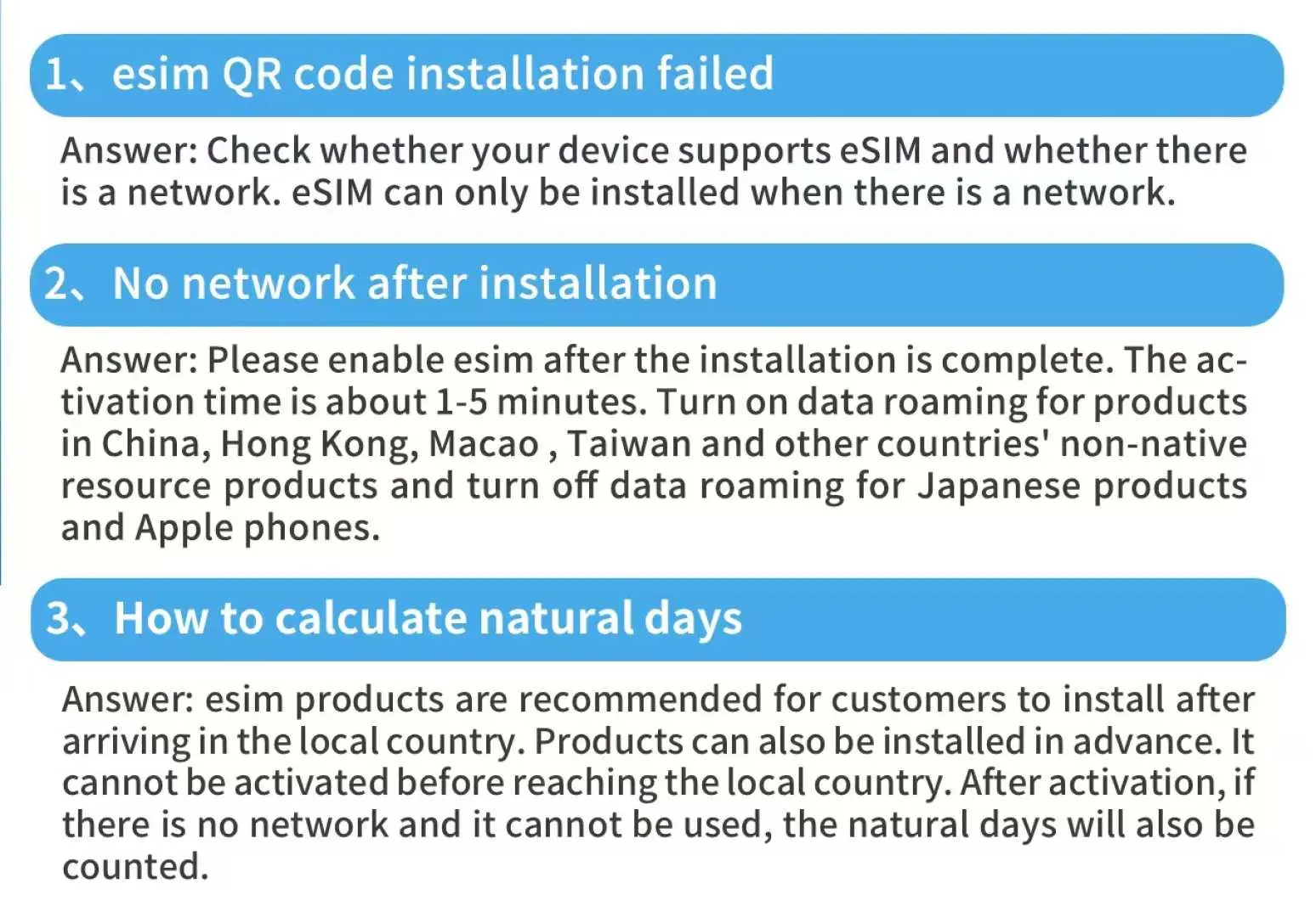 English FAQ for Thailand eSIM, addressing common issues like QR code installation failure, no network after setup, and how natural days are calculated.