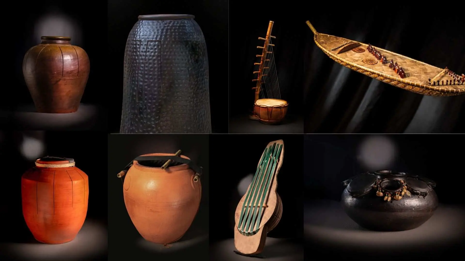 河内GOm演出中使用的各式陶瓷与传统越南乐器特写，包括陶瓮、弦乐器等，展现其独特造型和自然声音的魅力。