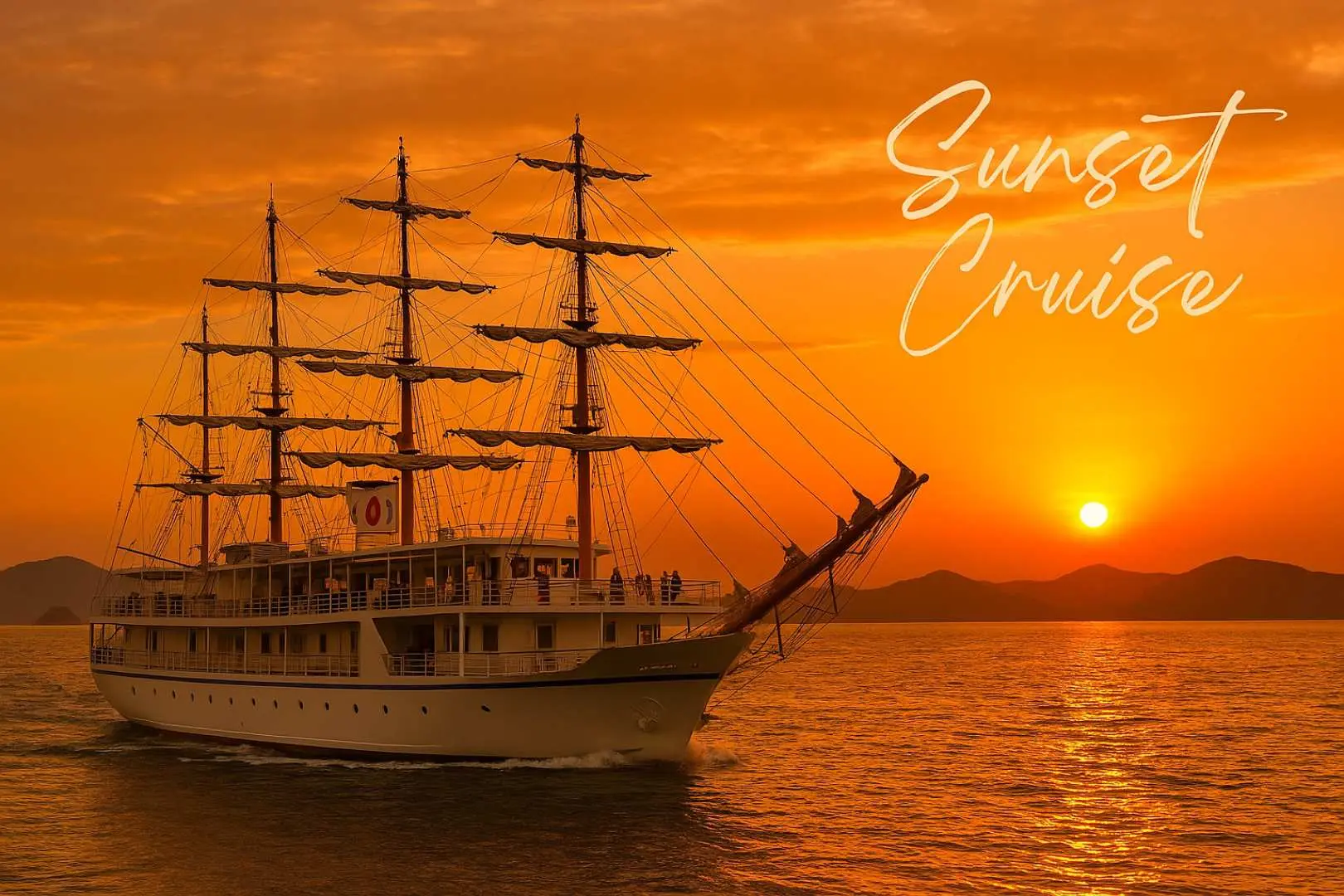 A luxurious sailing cruise ship navigates the golden sunset waters of the Seto Inland Sea near Takamatsu Port, Kagawa Prefecture, with distant island silhouettes and shimmering reflections, promising an unforgettable Christmas sunset music journey.